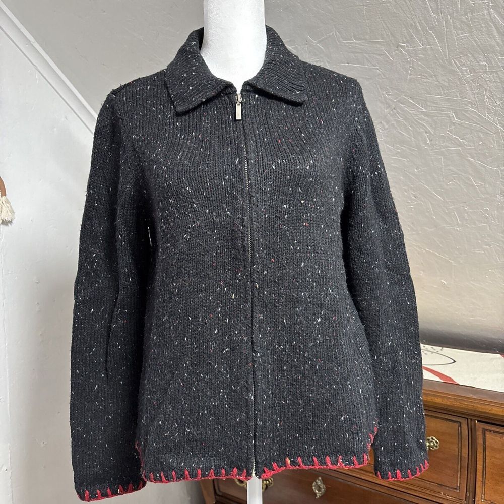 Crazy Horse‎ By Liz Claiborne Knit Sweater Black Flecks Full Zip Contrast Trim S